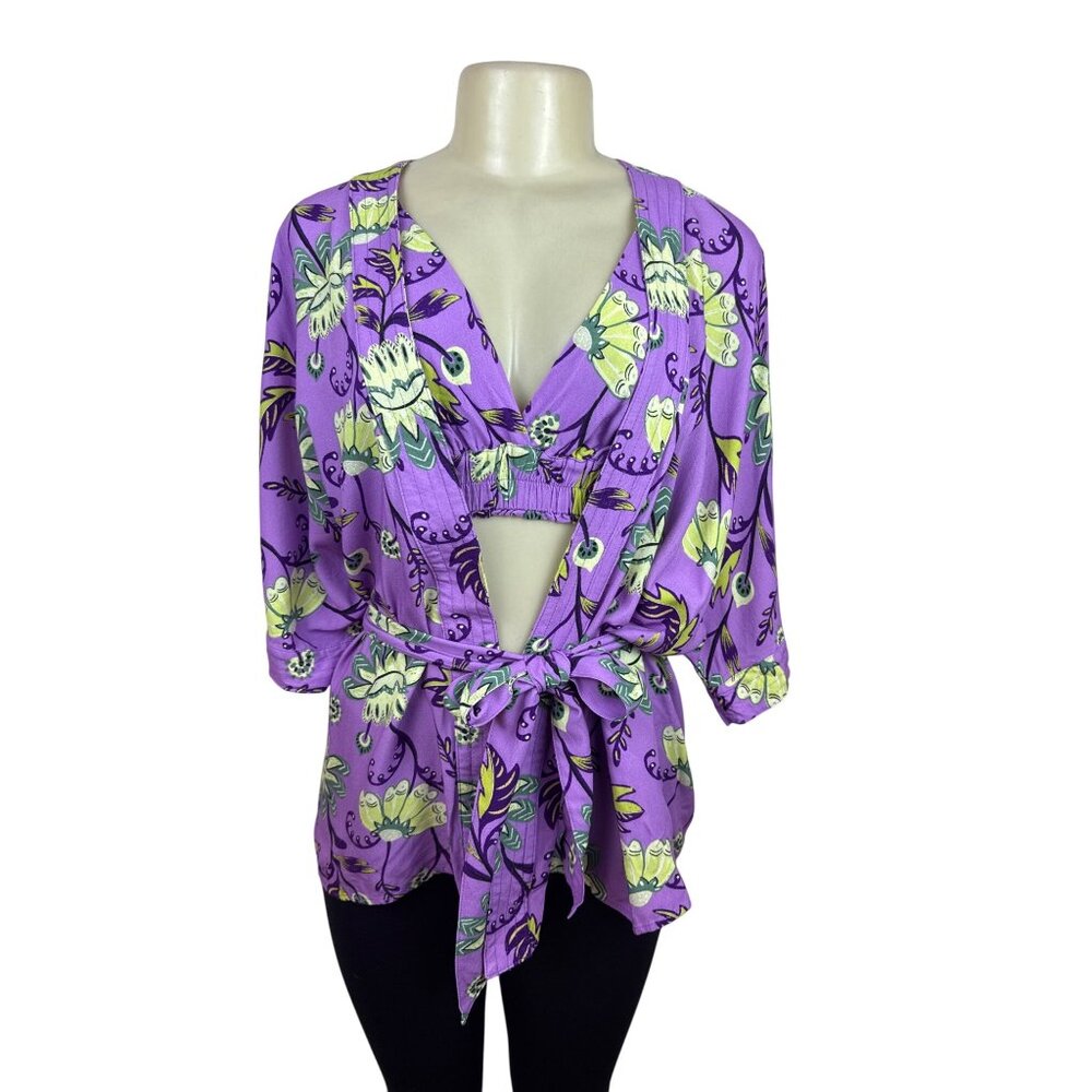 Hit Women's Purple Floral Robe Cover-Up & Matching Crop Top Tropical Set Sz PP